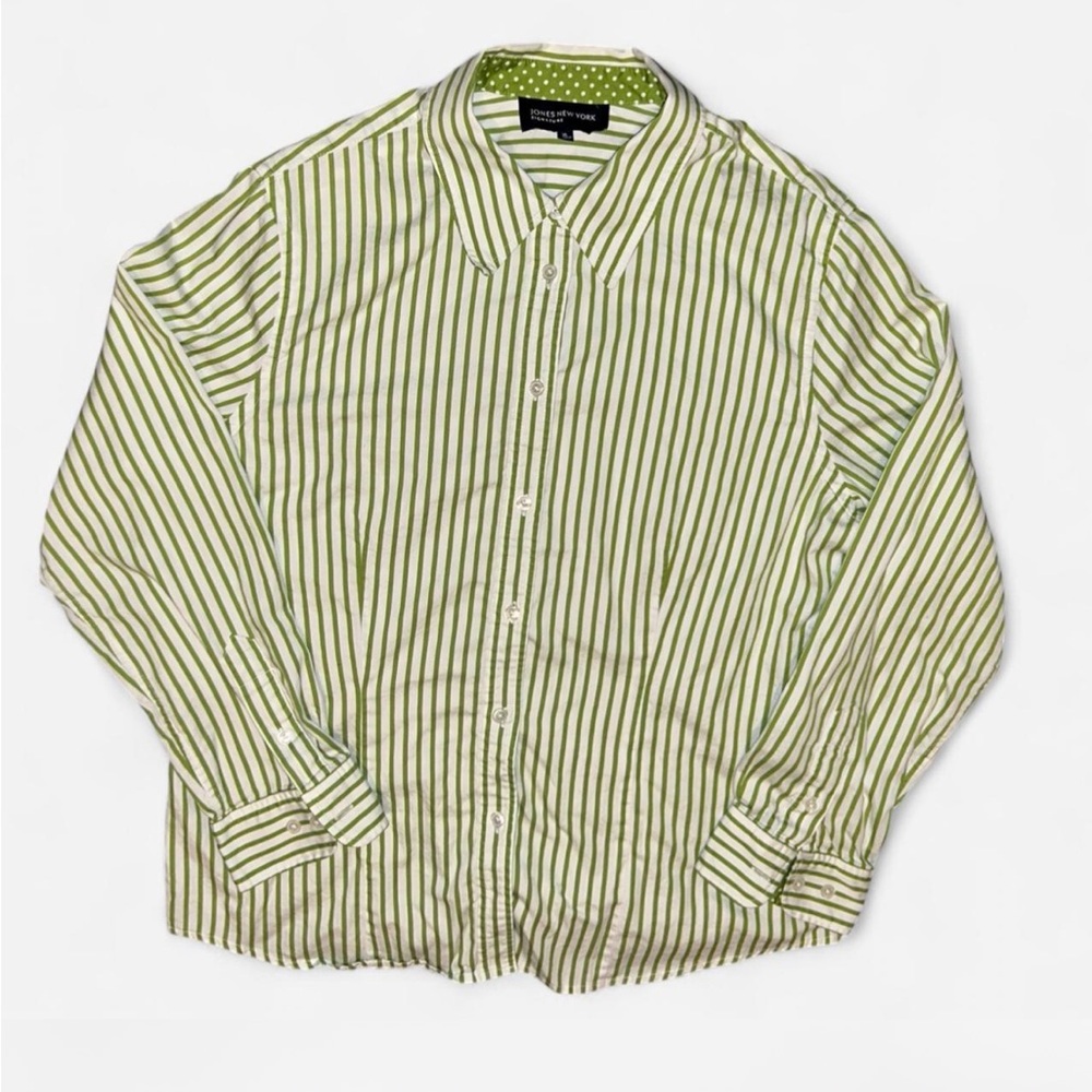 Jones New York green & white striped button up shirt with polka dot accents